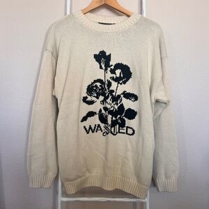 WASTED Streetsyle Oversized Knit Cream Sweater with Black Rose - Size S